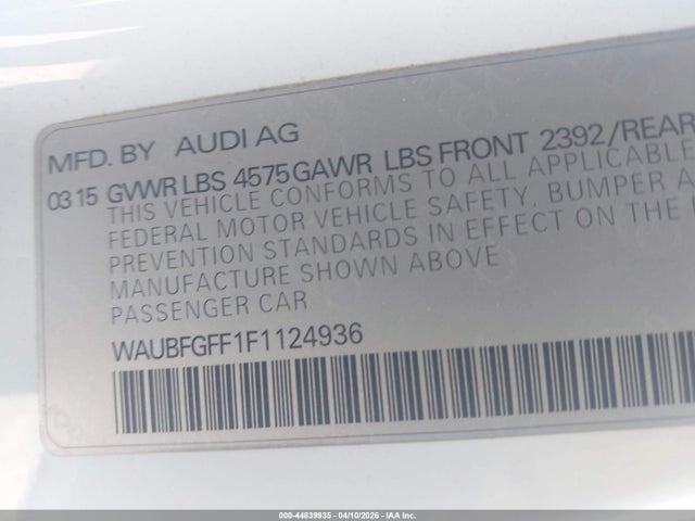 2015 Audi A3 2.0t Premium მანქანა იყიდება აუქციონზე, vin: WAUBFGFF1F1124936, აუქციონის ნომერი: 44839935