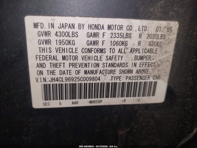 2005 Acura Tsx მანქანა იყიდება აუქციონზე, vin: JH4CL96925C009804, აუქციონის ნომერი: 44839943