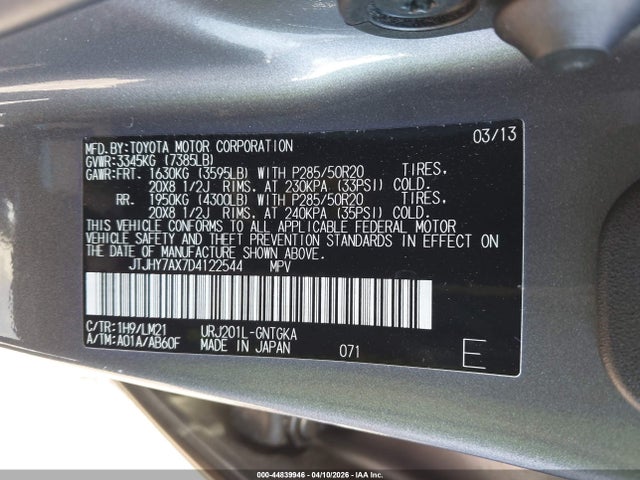 Aukcja sprzedaży 2013 Lexus Lx 570, vin: JTJHY7AX7D4122544, numer aukcji: 44839946