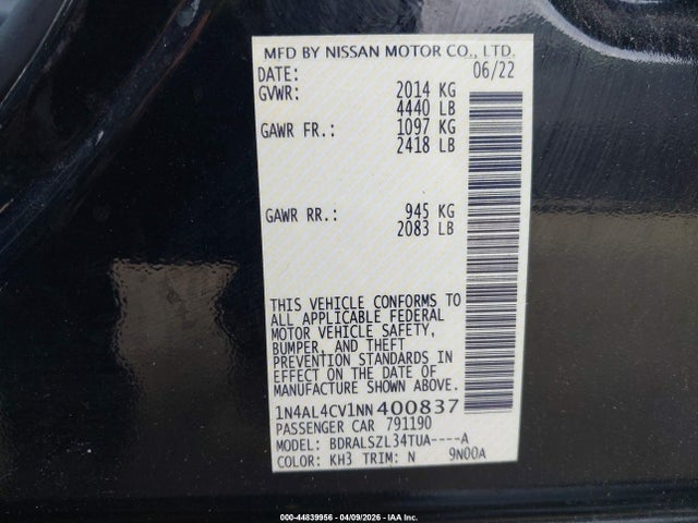 1N4AL4CV1NN400837 Nissan Altima Sr Vc-turbo Fwd