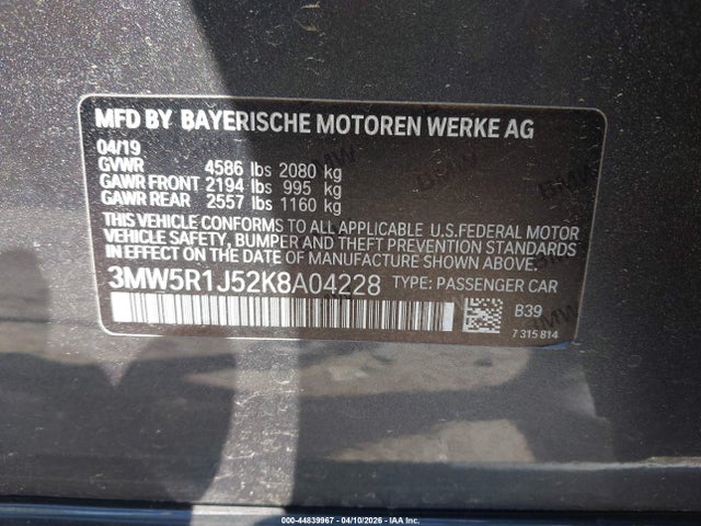 Продаж на аукціоні авто 2019 Bmw 330i, vin: 3MW5R1J52K8A04228, номер лоту: 44839967
