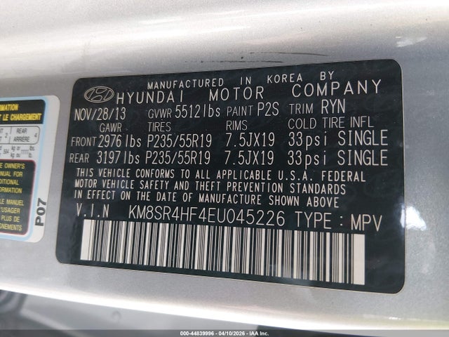 44839996 :رقم المزاد ، KM8SR4HF4EU045226 vin ، 2014 Hyundai Santa Fe Limited مزاد بيع