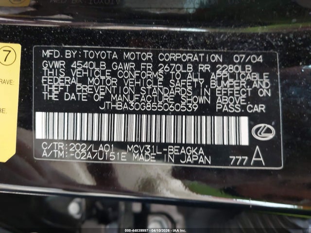 Aukcja sprzedaży 2005 Lexus Es 330, vin: JTHBA30G855060539, numer aukcji: 44839997