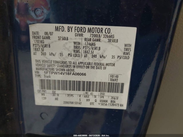 Продаж на аукціоні авто 2008 Ford F-150 60th Anniversary/fx4/king Ranch/lariat/xlt, vin: 1FTPW14V18FA06066, номер лоту: 44839998
