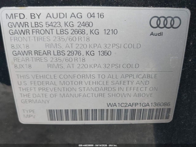 44839999 :رقم المزاد ، WA1C2AFP1GA136086 vin ، 2016 Audi Q5 2.0t Premium مزاد بيع