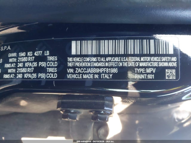Aukcja sprzedaży 2017 Jeep Renegade Latitude Fwd, vin: ZACCJABB9HPF81986, numer aukcji: 44840004