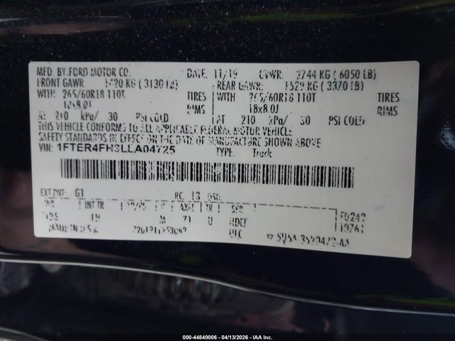 Aukcja sprzedaży 2020 Ford Ranger Xlt, vin: 1FTER4FH3LLA04725, numer aukcji: 44840006