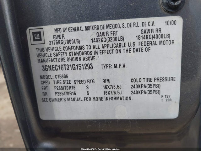 2001 CHEVROLET SUBURBAN 1500 3GNEC16T31G151293 Photo 8