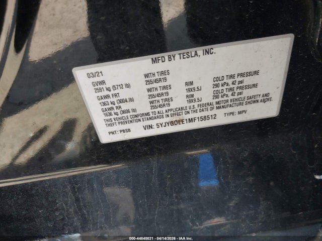 44840021 :رقم المزاد ، 5YJYGDEE1MF158512 vin ، 2021 Tesla Model Y Long Range Dual Motor All-wheel Drive مزاد بيع