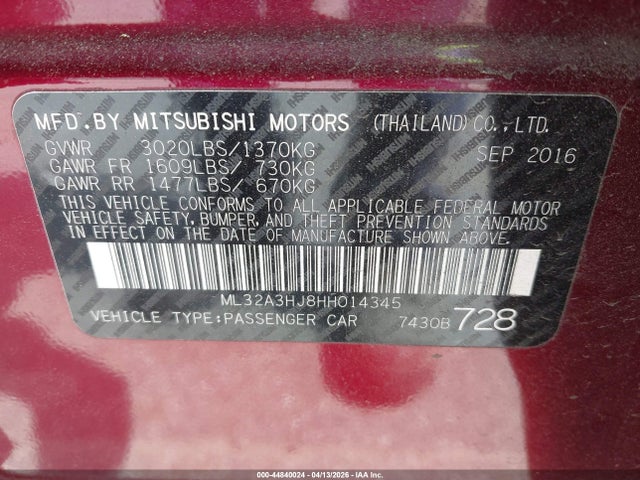Aukcja sprzedaży 2017 Mitsubishi Mirage Es, vin: ML32A3HJ8HH014345, numer aukcji: 44840024