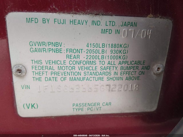 44840049 :رقم المزاد ، JF1SG63665G722018 vin ، 2005 Subaru Forester 2.5x مزاد بيع