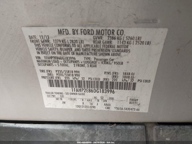 Продажа на аукционе авто 2013 Ford Taurus Sel, vin: 1FAHP2E86DG183996, номер лота: 44840050