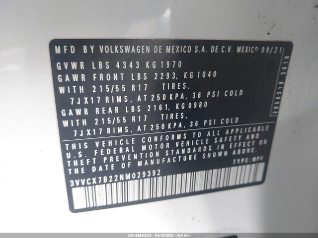 Продаж на аукціоні авто 2022 Volkswagen Taos 1.5t S, vin: 3VVCX7B22NM029392, номер лоту: 44840052