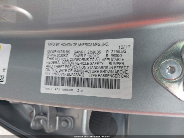 Aukcja sprzedaży 2018 Honda Accord Sport, vin: 1HGCV1F38JA022492, numer aukcji: 44840053
