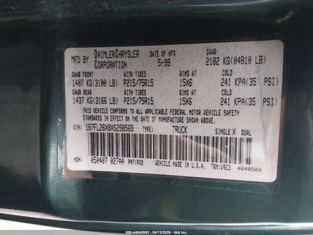 Продаж на аукціоні авто 1999 Dodge Dakota Slt/sport, vin: 1B7FL26X8XS298569, номер лоту: 44840062
