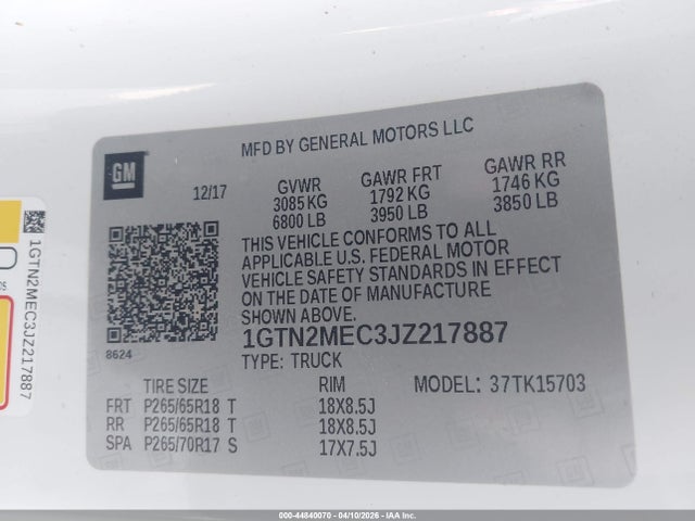 Aukcja sprzedaży 2018 Gmc Sierra 1500 Sle, vin: 1GTN2MEC3JZ217887, numer aukcji: 44840070
