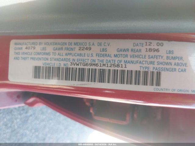 Продажа на аукционе авто 2001 Volkswagen Jetta Glx, vin: 3VWTG69M61M125811, номер лота: 44840088