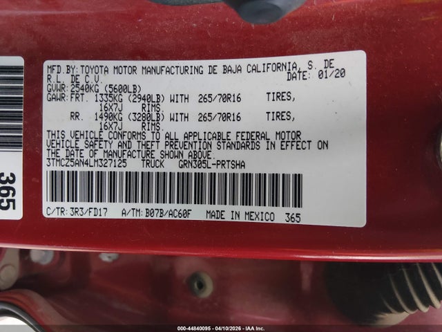 44840095 :رقم المزاد ، 3TMCZ5AN4LM327125 vin ، 2020 Toyota Tacoma Trd Off-road مزاد بيع