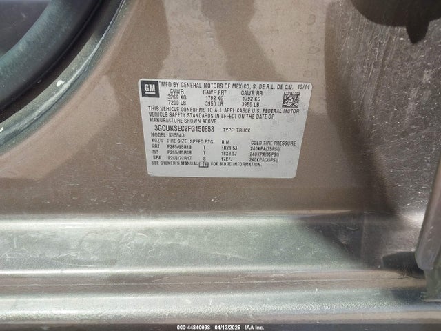 44840098 :رقم المزاد ، 3GCUKSEC2FG150853 vin ، 2015 Chevrolet Silverado 1500 1lz مزاد بيع