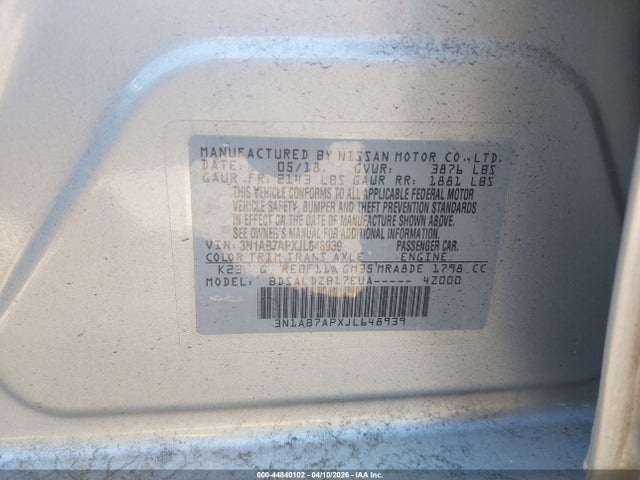 Продажа на аукционе авто 2018 Nissan Sentra Sv, vin: 3N1AB7APXJL648939, номер лота: 44840102