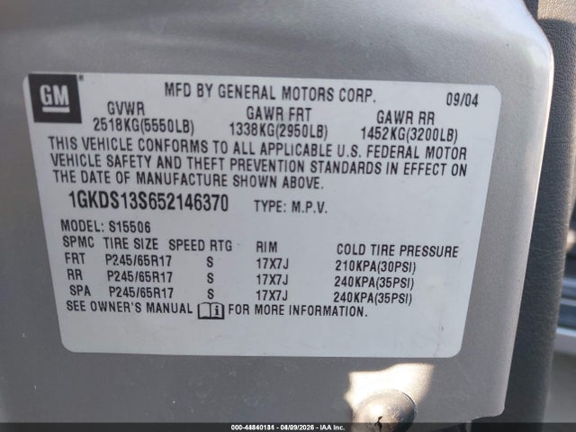 Aukcja sprzedaży 2005 Gmc Envoy Sle, vin: 1GKDS13S652146370, numer aukcji: 44840131