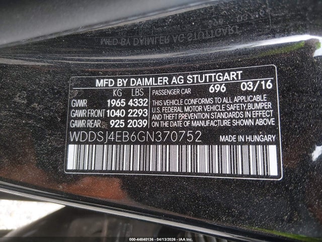 44840136 :رقم المزاد ، WDDSJ4EB6GN370752 vin ، 2016 Mercedes-benz Cla 250 مزاد بيع