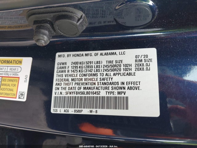 Aukcja sprzedaży 2020 Honda Passport Awd Ex-l, vin: 5FNYF8H56LB016452, numer aukcji: 44840168