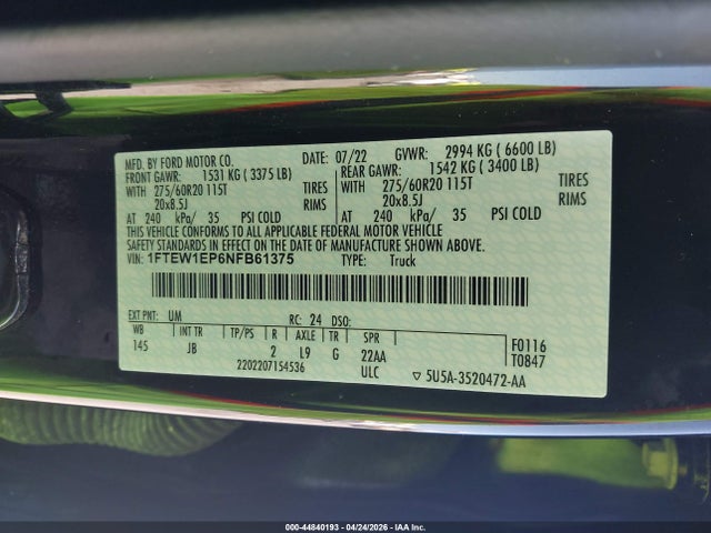 Aukcja sprzedaży 2022 Ford F-150 Xl, vin: 1FTEW1EP6NFB61375, numer aukcji: 44840193