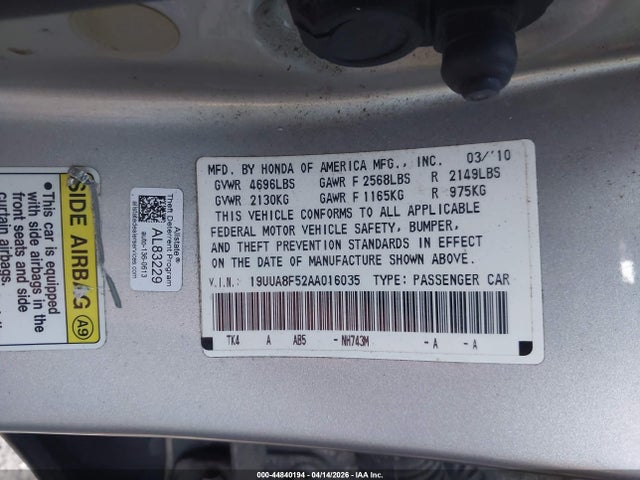 Aukcja sprzedaży 2010 Acura Tl 3.5, vin: 19UUA8F52AA016035, numer aukcji: 44840194