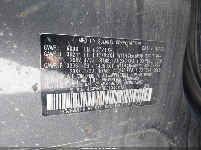 2020 Subaru Ascent Touring მანქანა იყიდება აუქციონზე, vin: 4S4WMARD8L3426155, აუქციონის ნომერი: 44840196