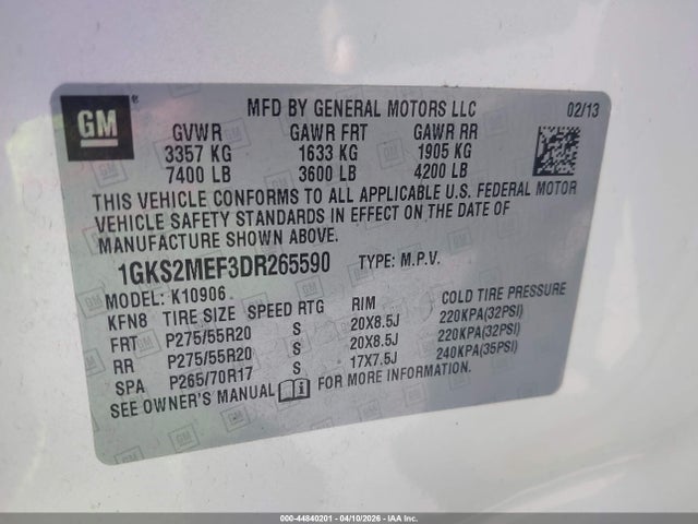 44840201 :رقم المزاد ، 1GKS2MEF3DR265590 vin ، 2013 Gmc Yukon Xl 1500 Denali مزاد بيع