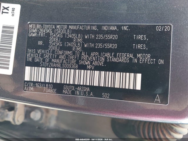 Продаж на аукціоні авто 2020 Toyota Highlander Limited, vin: 5TDYZRAH8LS009368, номер лоту: 44840209