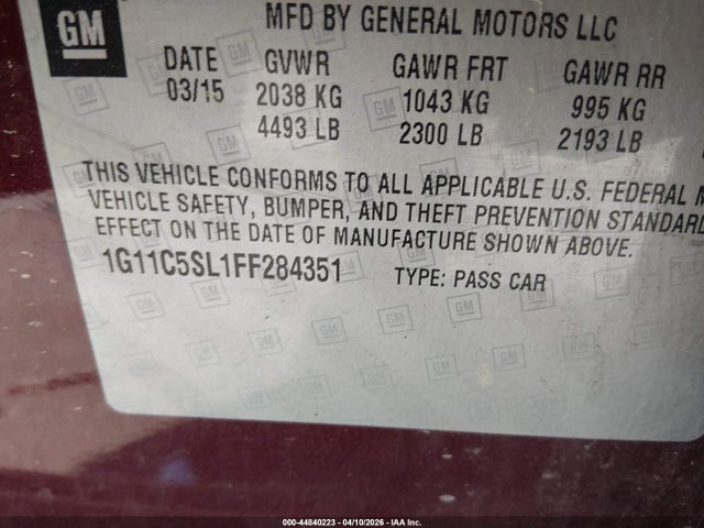 44840223 :رقم المزاد ، 1G11C5SL1FF284351 vin ، 2015 Chevrolet Malibu 1lt مزاد بيع