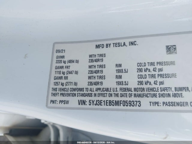Aukcja sprzedaży 2021 Tesla Model 3 Long Range Dual Motor All-wheel Drive, vin: 5YJ3E1EB5MF059373, numer aukcji: 44840226