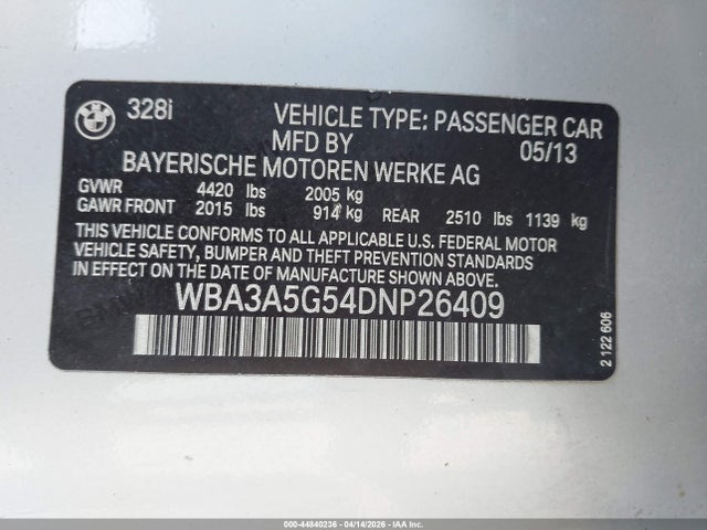 Aukcja sprzedaży 2013 Bmw 328i, vin: WBA3A5G54DNP26409, numer aukcji: 44840236