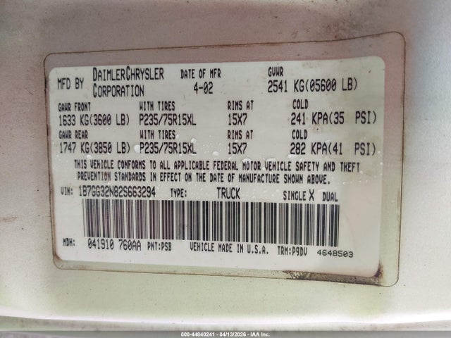 44840241 :رقم المزاد ، 1B7GG32N82S663294 vin ، 2002 Dodge Dakota Sport مزاد بيع
