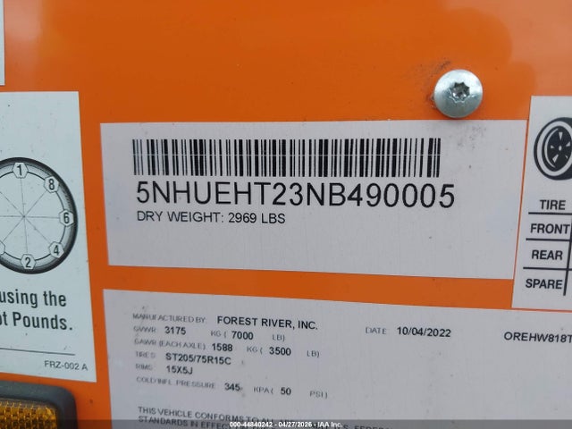 Продаж на аукціоні авто 2022 Forest River Orehw818ta, vin: 5NHUEHT23NB490005, номер лоту: 44840242