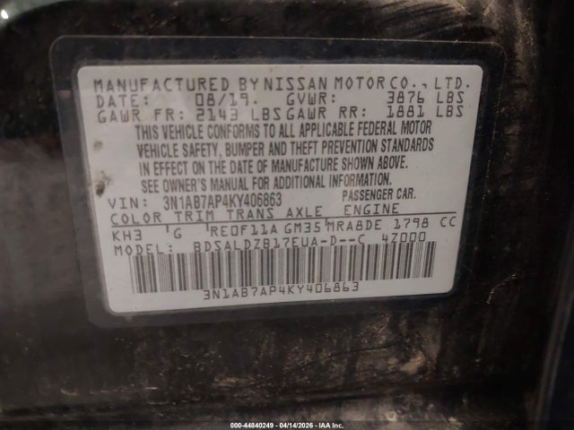 Продаж на аукціоні авто 2019 Nissan Sentra Sv, vin: 3N1AB7AP4KY406863, номер лоту: 44840249