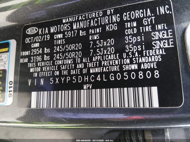 Aukcja sprzedaży 2020 Kia Telluride Sx, vin: 5XYP5DHC4LG050808, numer aukcji: 44840255