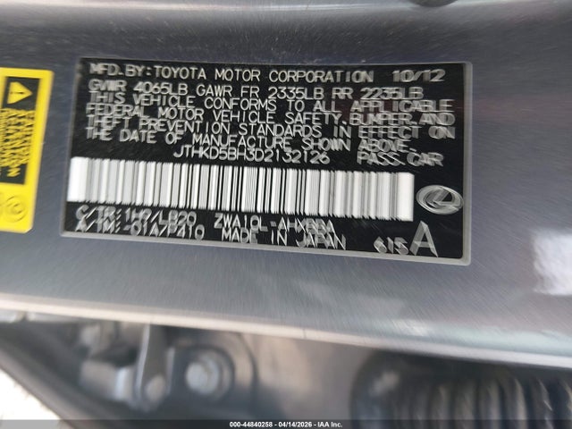 44840258 :رقم المزاد ، JTHKD5BH3D2132126 vin ، 2013 Lexus Ct 200h مزاد بيع