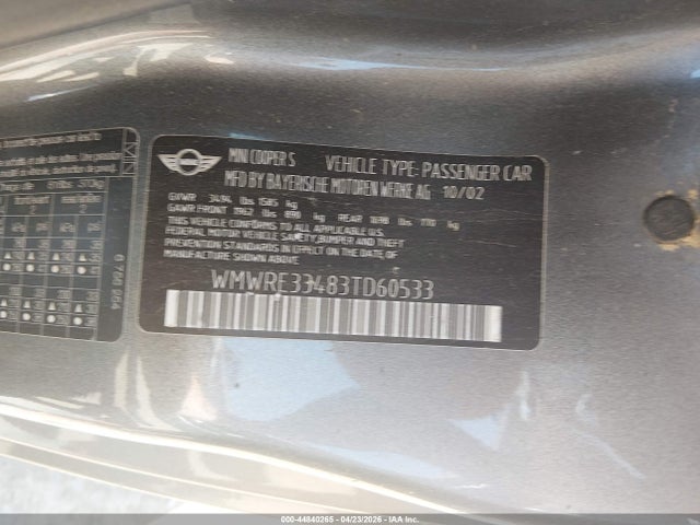 44840265 :رقم المزاد ، WMWRE33483TD60533 vin ، 2003 Mini Cooper S مزاد بيع