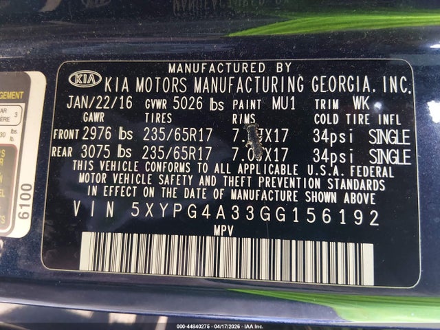 Aukcja sprzedaży 2016 Kia Sorento 2.4l Lx, vin: 5XYPG4A33GG156192, numer aukcji: 44840275