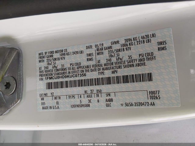 Продаж на аукціоні авто 2019 Ford Escape Sel, vin: 1FMCU0HD9KUC07356, номер лоту: 44840290
