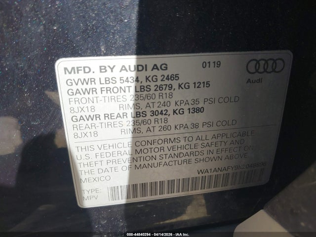 44840294 :رقم المزاد ، WA1ANAFY9K2048896 vin ، 2019 Audi Q5 45 Premium مزاد بيع