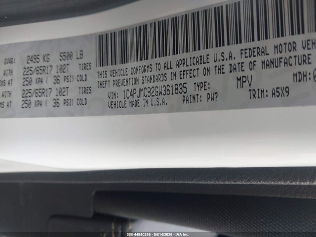 2016 Jeep Cherokee Latitude მანქანა იყიდება აუქციონზე, vin: 1C4PJMCB2GW361835, აუქციონის ნომერი: 44840296