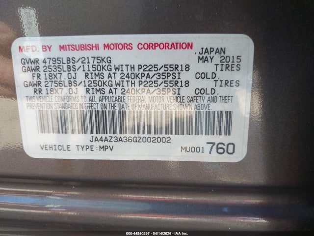 Aukcja sprzedaży 2016 Mitsubishi Outlander Es/se/sel, vin: JA4AZ3A36GZ002002, numer aukcji: 44840297