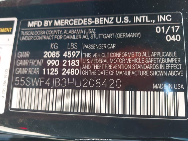 Продажа на аукционе авто 2017 Mercedes-benz C 300, vin: 55SWF4JB3HU208420, номер лота: 44840300
