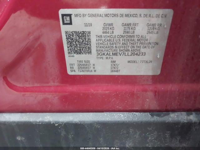 Продаж на аукціоні авто 2020 Gmc Terrain Fwd Sle, vin: 3GKALMEV7LL204233, номер лоту: 44840309