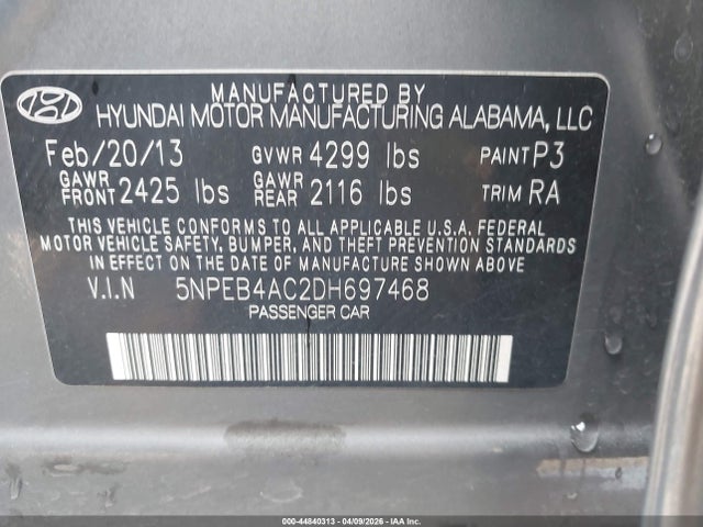 2013 Hyundai Sonata Gls მანქანა იყიდება აუქციონზე, vin: 5NPEB4AC2DH697468, აუქციონის ნომერი: 44840313