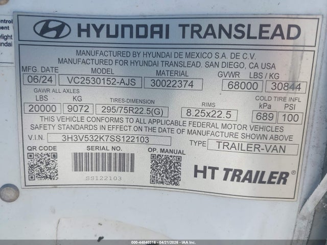 2025 Hyundai Translead Inc Unknown მანქანა იყიდება აუქციონზე, vin: 3H3V532K7SS122103, აუქციონის ნომერი: 44840316